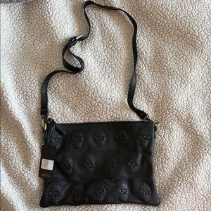 Italian Leather Black Skull Embossed Crossbody Bag